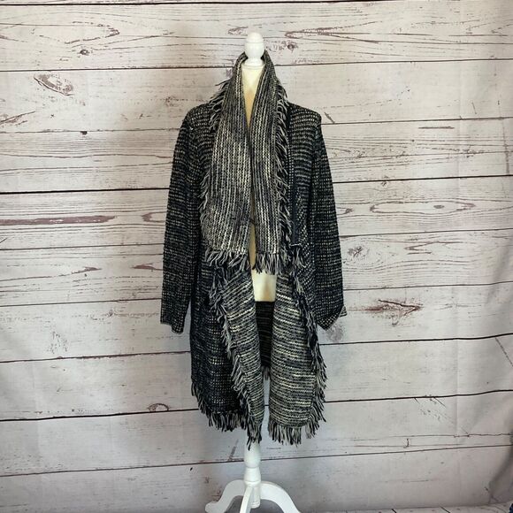 Vince Sweater Womens Large Black White Wool Tweed Long Cardi Fringe Boho Pockets